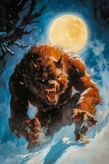 Vintage Werewolf Comic Cover.  Generated image.  A digital illustration of a vintage comic book cover featuring a werewolf in the wild.