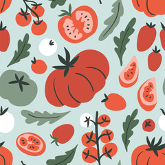 Vector tomatoes seamless pattern in flat style. Vegetables and fruit pattern design for fabric ow wrapping paper. Cherry tomatoes illustration. 