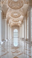 Spacious marble hall with towering columns, arched ceilings, and streaming sunlight