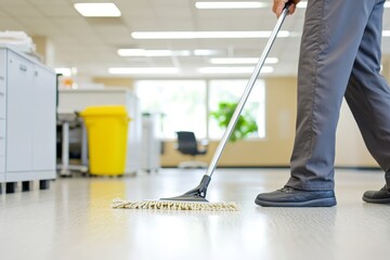 Man Mopping the Office Floor in Daytime with Studio Lighting