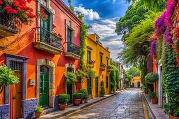 Vibrant Coyoacan Streetscape with Colorful Architecture and Lush Greenery in Mexico City, Mexico