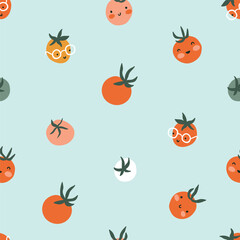 Vector tomato seamless pattern. hand-drawn organic food repeat design for fabric or wrapping paper, branding. Fresh cherry tomatoes on the light blue background. Veggies print design. 