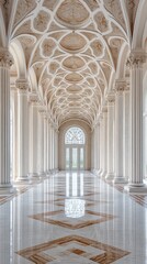 Fototapeta premium Spacious marble hall with towering columns, arched ceilings, and streaming sunlight