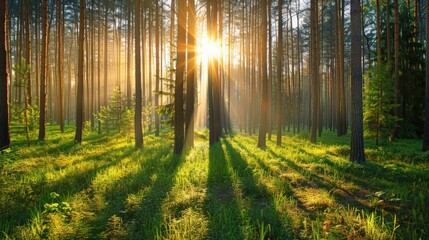 Obraz premium Morning sunrise in the forest, with sunlight filtering through the trees, creating a beautiful green natural environment outdoors.