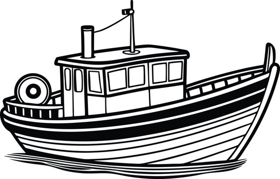 recommend clip art: Fishing boat line art silhouette vector illustration on white background.