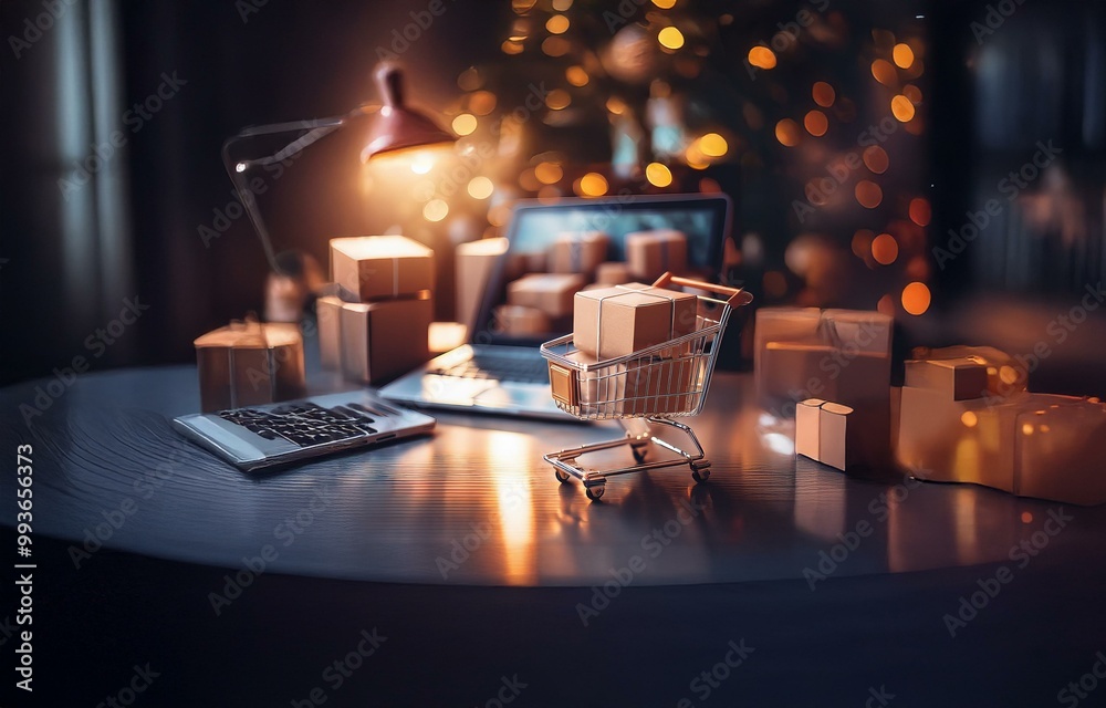 Poster a small shopping cart filled with cardboard boxes sits on a table with a laptop and other boxes in t