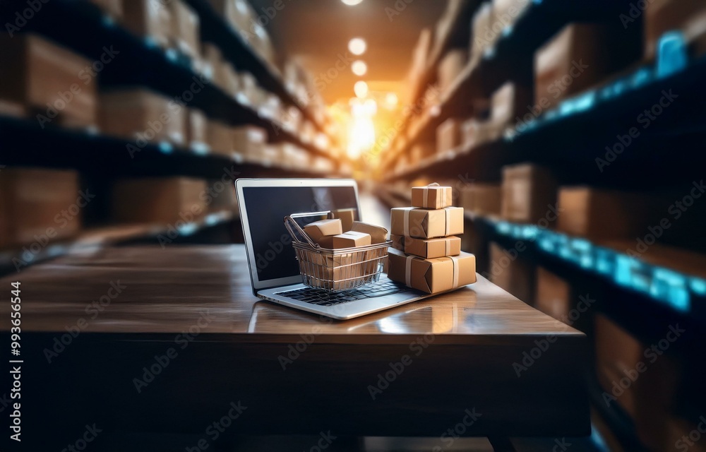 Poster a laptop with a shopping cart filled with boxes sits on a wooden surface in front of a blurred wareh