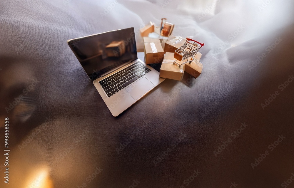 Poster a laptop computer and a miniature shopping cart are on top of several cardboard boxes on a fabric su