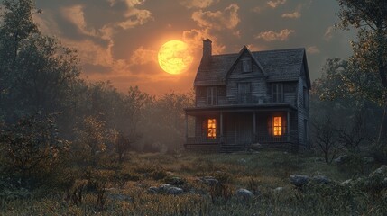 Mystical Sunset Over an Abandoned House in Nature