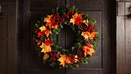 Fototapeta premium Vibrant autumn wreath with pine cones and berries on wooden door, perfect for fall decor