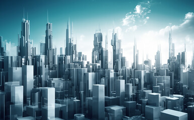 Render of a futuristic city with tall buildings with blue sky AI generative