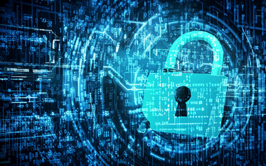 Digital illustration of a blue virtual padlock with circuitry for cybersecurity AI Generative