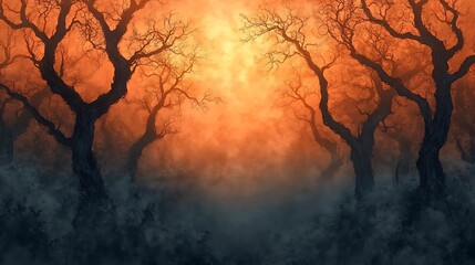 Spooky Forest at Dusk A dark, misty forest with twisted trees silhouetted against a glowing orange sunset. The center features an open space for text with eerie shadows surrounding it.