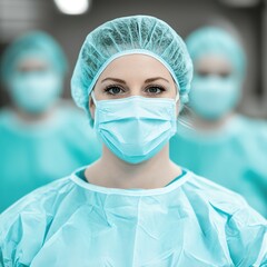 A healthcare professional in scrubs and mask stands in focus, with colleagues blurred behind, emphasizing teamwork and medical readiness.