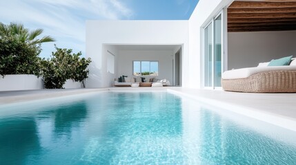 A bright, luxury white villa with a pristine swimming pool surrounded by lush greenery, offering a serene retreat with indoor and outdoor harmony.