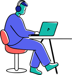 a man with headphone sitting in a chair a laptop in a table, icon doodle offset fill