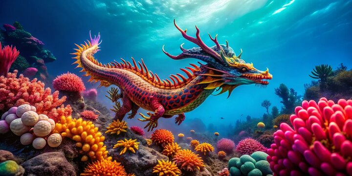Vibrant Dragon Seamoth Swimming Gracefully Through Colorful Coral Reef Underwater Landscape