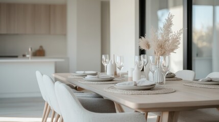 A spacious modern dining room featuring a large wooden dining table set with plates, glassware, and decorative elements, embodying a stylish and welcoming atmosphere.