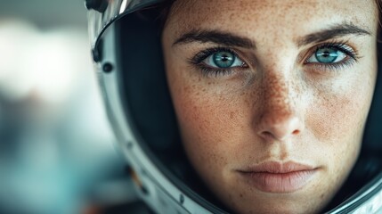The image shows a determined racer in a helmet, displaying a fierce gaze and passion for speed and competition in motorsport, capturing focus and intensity.