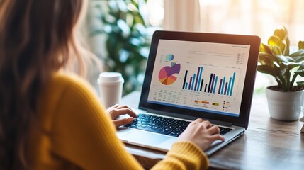 A person analyzes data on a laptop, displaying colorful charts and graphs, with a warm, inviting workspace featuring plants and a coffee cup.