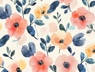 A vibrant floral pattern featuring watercolor flowers and leaves in soft hues.