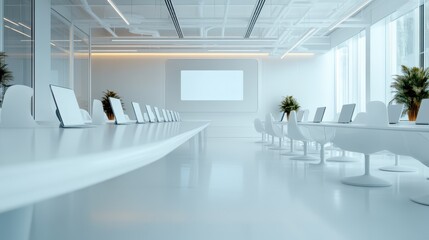 A sleek and modern conference room featuring a long table surrounded by white chairs, numerous laptops, a large screen on the wall, and minimalistic décor.