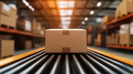 Detailed view of a conveyor belt system in a modern warehouse, logistics automation, clean lines and polished surfaces, bright overhead lighting, airy atmosphere