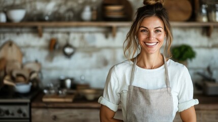 A cheerful woman in an apron stands in a rustic kitchen setting, surrounded by wooden shelves and cooking tools, exuding warmth and passion for her craft.