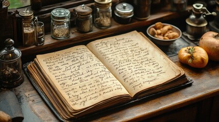 Ancient Cookbook with Handwritten Recipes