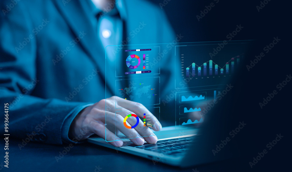 Poster analyst manages the system database, research platform digital technology, and reports on a laptop. 