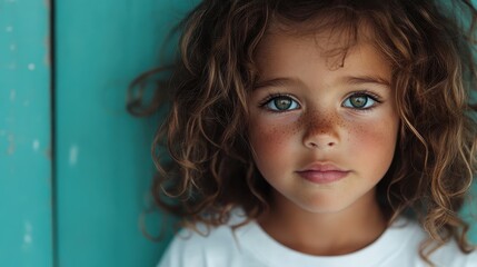 A young girl with expressive freckles and a penetrating gaze stands near an aqua-colored wall, capturing a mood of depth and innocence in a beautifully framed portrait.