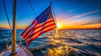 Vibrant Flag Waving on a Sailboat Against a Clear Blue Sky and Calm Ocean Waves in the Background