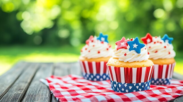 Three red, white, and blue decorated cupcakes on a checkered napkin.
