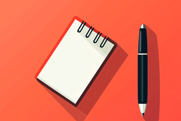 Stylized notepad and pen on a vibrant red background with shadows creating a modern and minimalistic stationery design concept