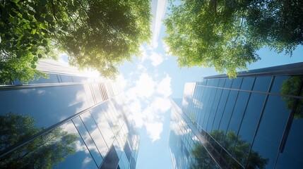Reflection of Green Forest and Blue Sky on Glass Walls of Modern Buildings in Spring. AI generated illustration