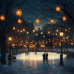 Obraz premium night, lanterns, skating rink, park, silence, snow, cold, beautiful, fabulous, mysterious
