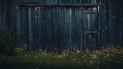 Obraz premium Old wooden barn door with weathered paint and grass in front.