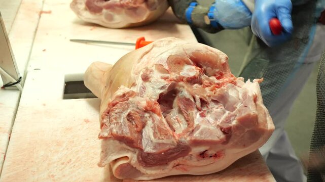 A professional butcher quickly cuts out bones from a pork leg with a knife on meat factory