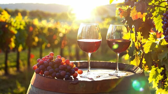 Two glasses of red wine and grapes on a wooden barrel, blur vineyard background