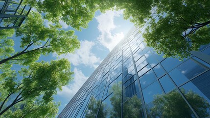 Reflection of Green Forest and Blue Sky on Glass Walls of Modern Buildings in Spring. AI generated illustration