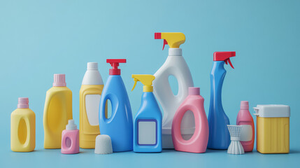 This is a set of realistic 3D images showing different types of cleaning products.  It includes bottles, tubes, and sprayers for cleaning items like laundry detergent, stain remover, and bleach.