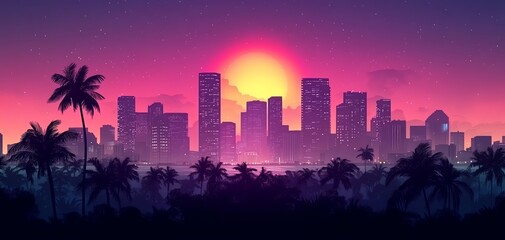 Vibrant sunset over a city skyline surrounded by palm trees.