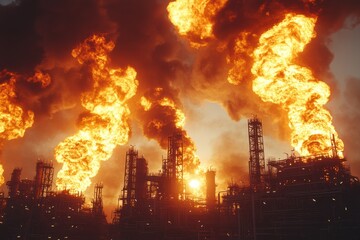 Fototapeta premium Industrial Inferno: A Silhouette of Flames and Smoke