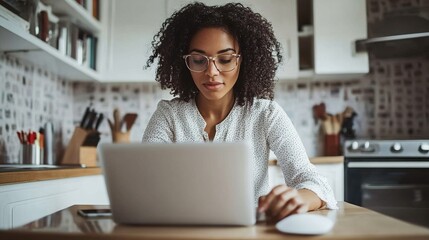 A focused woman works on a laptop in a modern kitchen, showcasing a blend of productivity and home life.