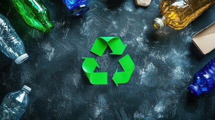 A vibrant recycling symbol surrounded by colorful plastic bottles on a dark textured surface, promoting sustainability and eco-friendliness.