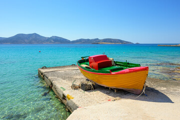 Traditional colorful Greek boat in Ano Koufonisi port. Small Cyclades, Greece