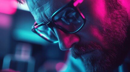 A person deeply engaged with high-tech equipment, surrounded by vibrant, colorful lighting, highlighting technological expertise and focus on modern technical work.