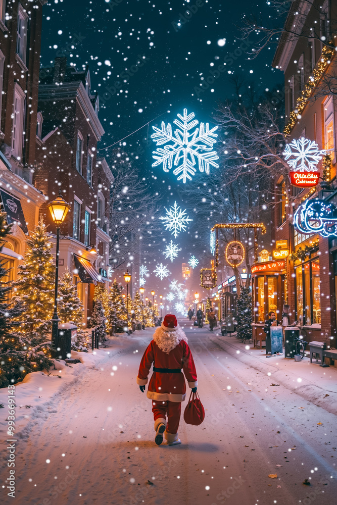 Wall mural a person in a santa claus outfit walking down a snowy street at night