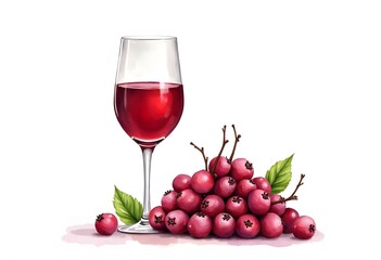 Glass of red wine and grapes clusters on a white background
