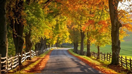Naklejka premium Serene country road with autumn foliage, vibrant colors, perfect for nature travel promotions